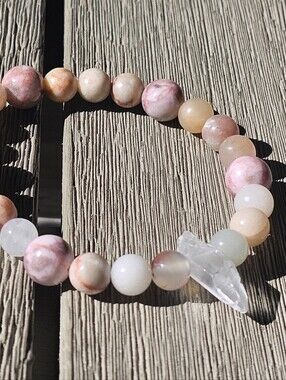 Pink and Peach Natural Beaded Stretch Bracelet Hand Made Loose Fit
